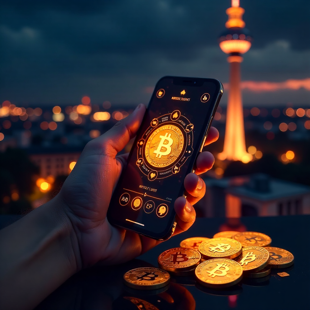 A hand holding a luxury smartphone displaying a high-tech Bitcoin poker app interface with glowing orange and gold accents, background is the Berlin skyline with the TV Tower (Fernsehturm) at night, 3D golden Bitcoin coins and a Royal Flush of playing car